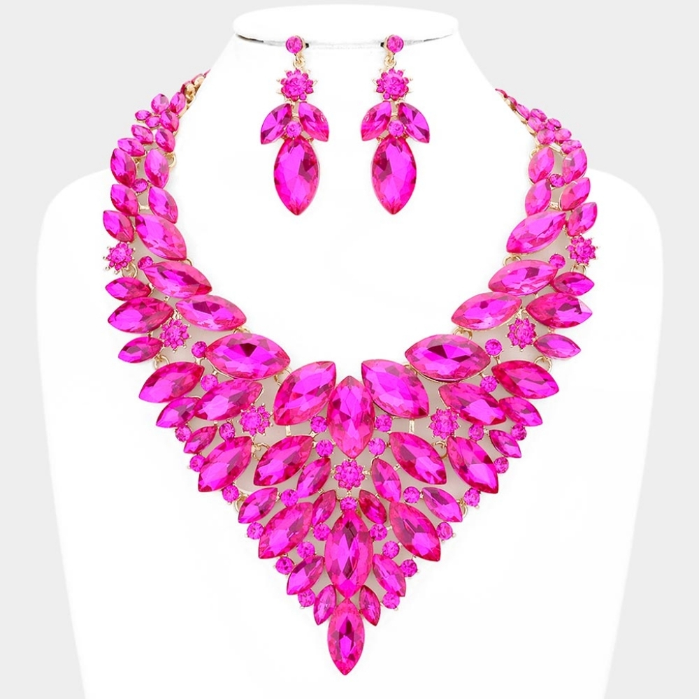 Pink Glamour Crystal Necklace Set w Earrings Cluster Marquise Statement Jewelry